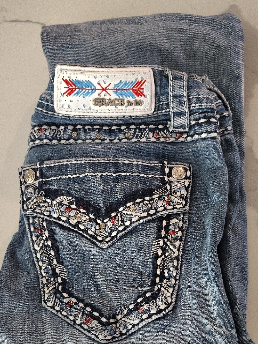 Grace in LA Women's Blue Embroidered Pocket Bootcut Jeans